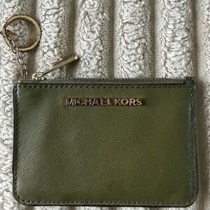 Michael Kors Olive Green Saffiano Leather Zip Card Holder ID Case Key Ring